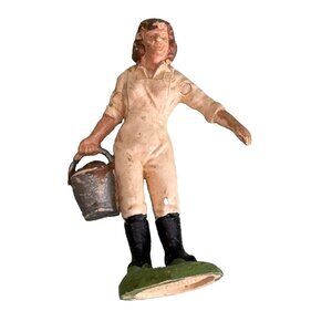 Vintage Britains England Land Army Girl w/Bucket Miniature Figurine Plastic 2"